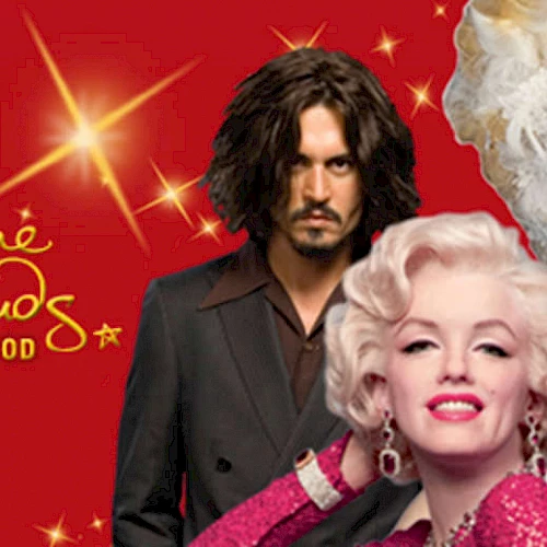 The image features wax figures of three celebrities from Madame Tussauds Hollywood against a red background with the museum's logo.