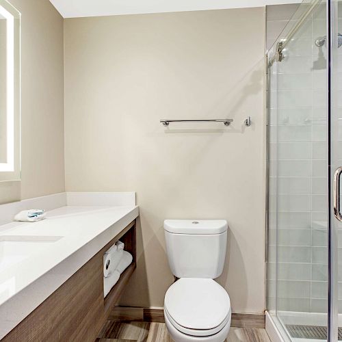 The image shows a modern bathroom with a toilet, glass-enclosed shower, countertop sink, and illuminated mirror, with blue tiles in the shower area.