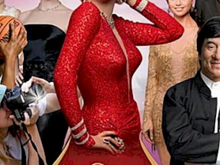 The image shows wax figures of celebrities at Madame Tussauds Hollywood. The background is pink with stars, and the title is at the bottom.