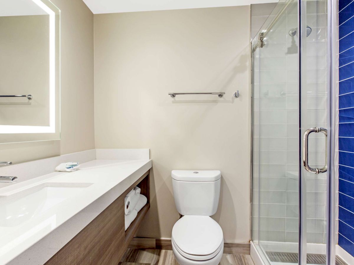 This image shows a modern bathroom with a shower, toilet, and sink. The shower has a glass door and blue tiles, while the sink area features a large mirror.